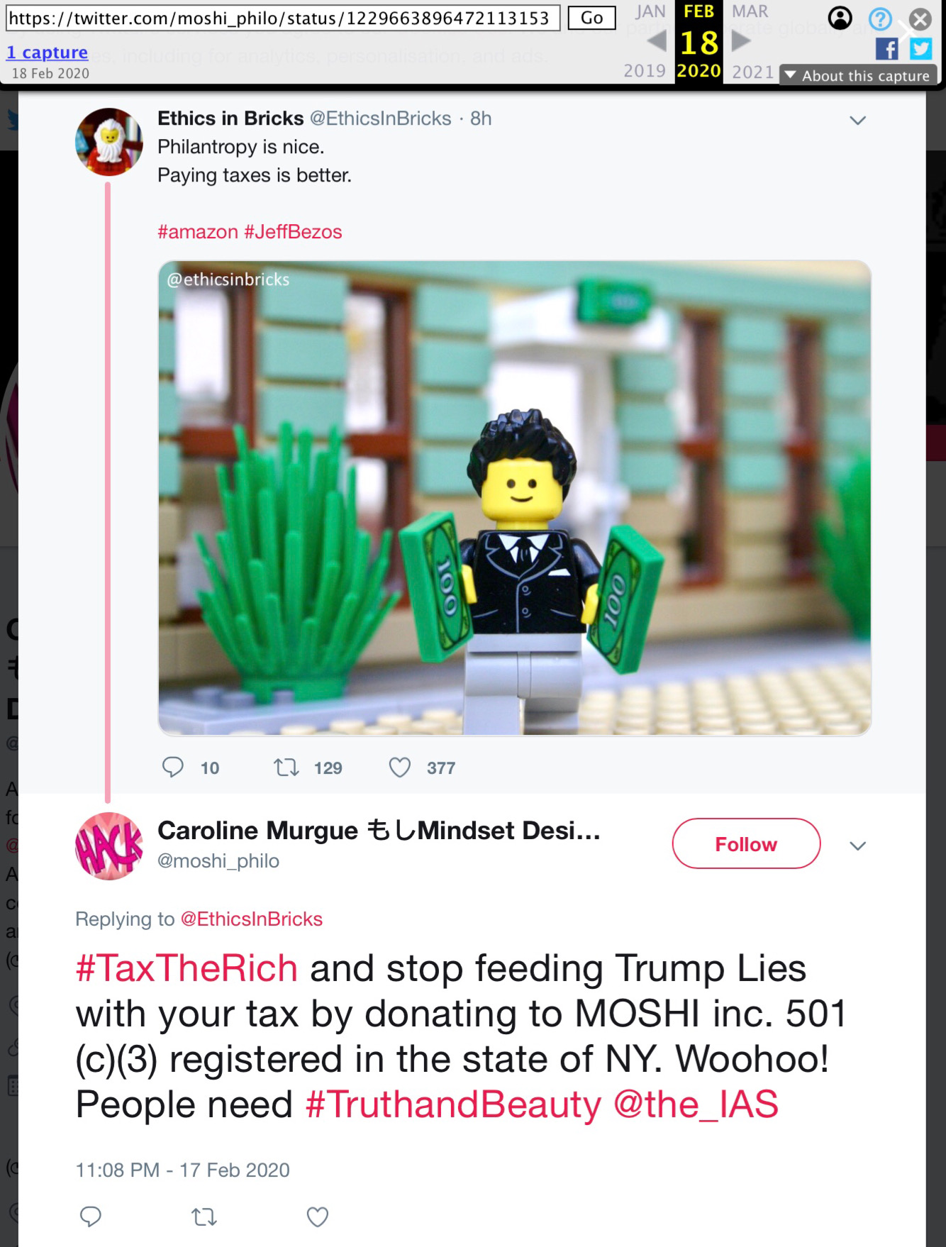 17 Feb 2020 tweet from @moshi_philo: #TaxTheRich and stop feeding Trump Lies with your tax by donating to Moshi Inc. 501 (c)(3) registered in the state of NY> Woohoo! People need #TruthandBeauty @the_IAS
